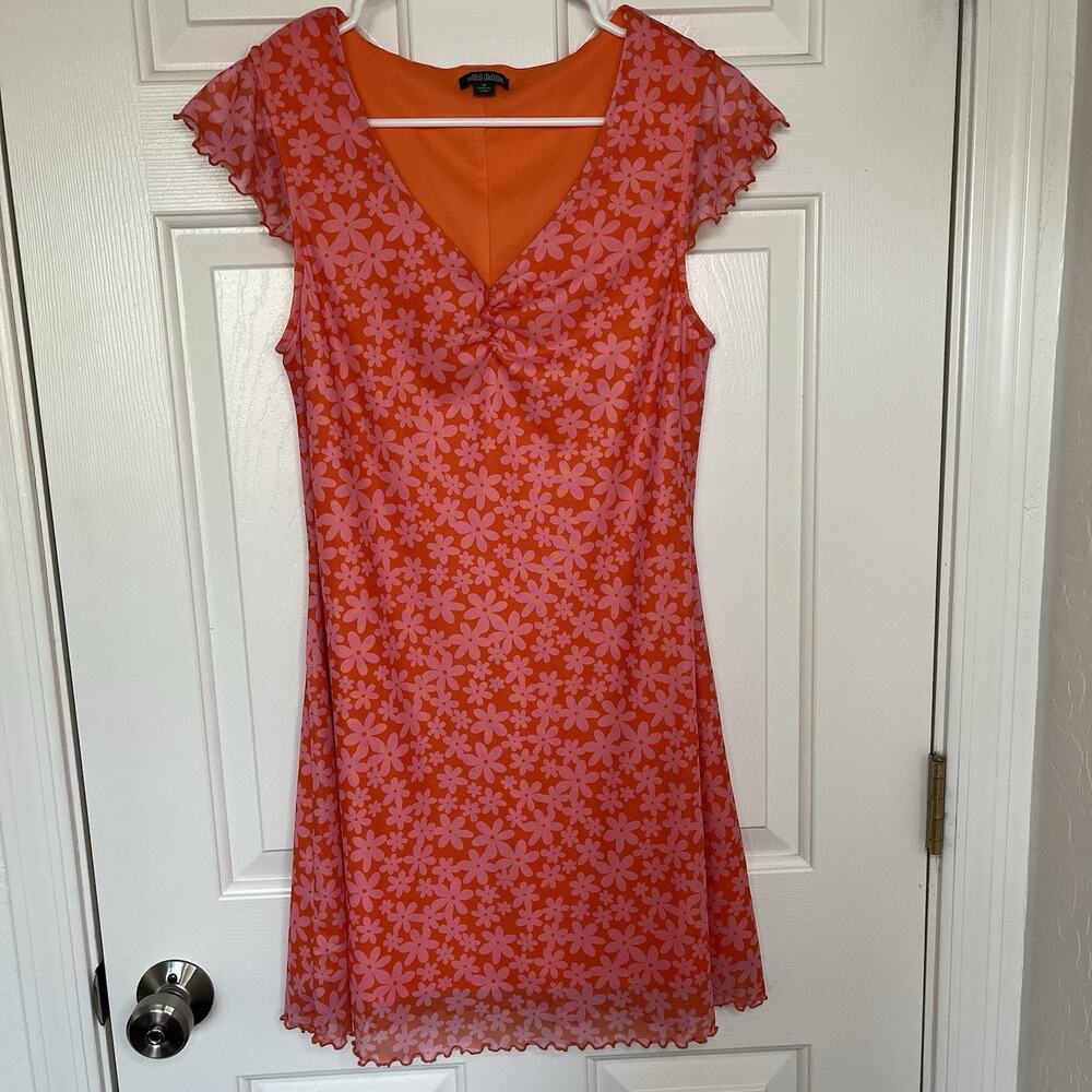 Wild Fable Mini Summer Dress M Orange Floral Ruffle Sleeves Lined Stretch